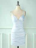 Satin V Neck Spaghetti Straps Blue Short Homecoming Dress