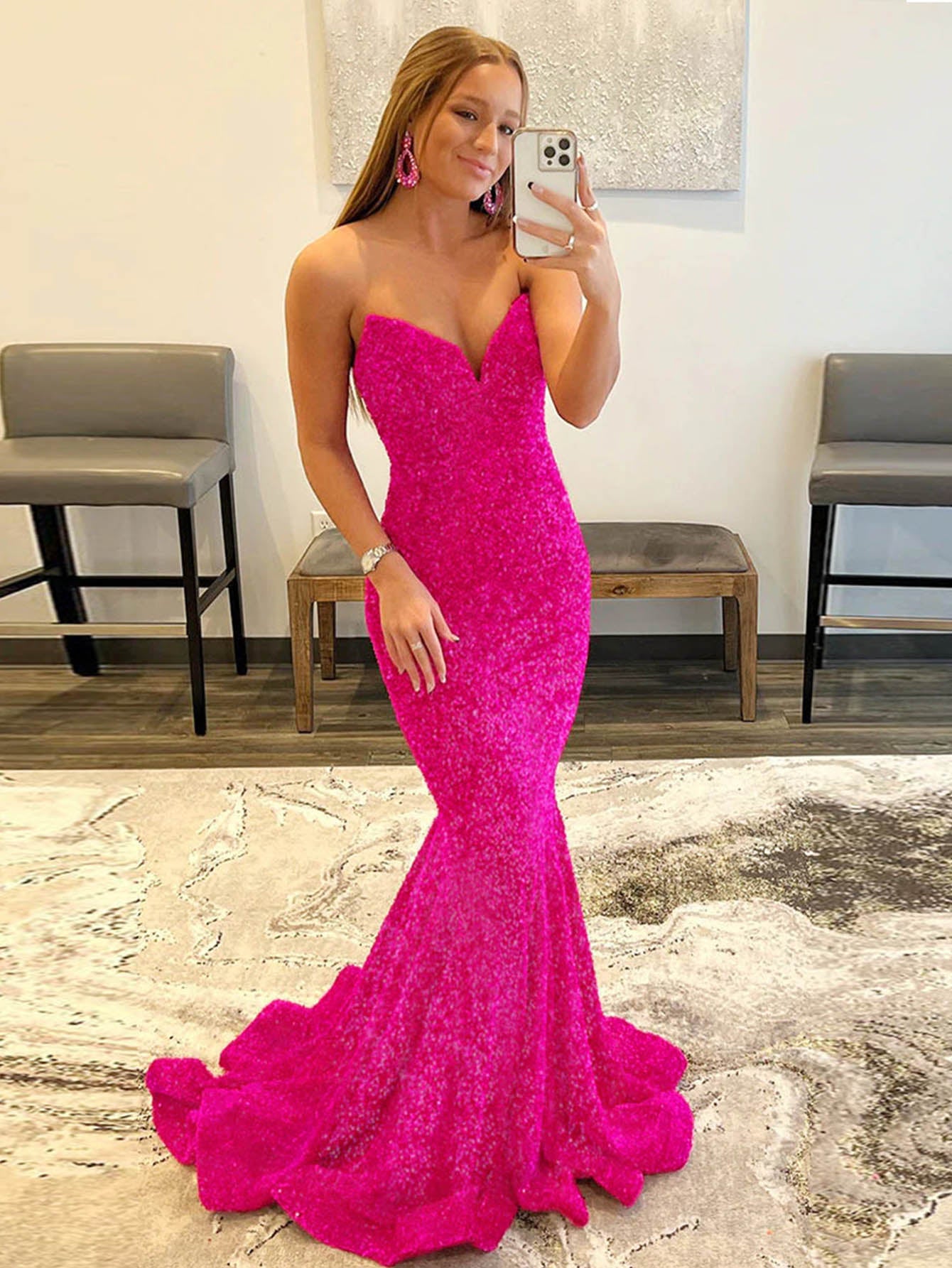 Glitter Mermaid Strapless Pink Bodycon Beading Long Prom Dress