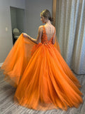 Deep V Neck A-Line Sleeveless Yellow Long Prom Dress with Appliques