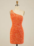 Sequins One-Shoulder Orange Tight Homecoming Short Dress