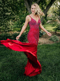 V Neck Glitter Mermaid Red Backless Prom Dress