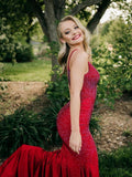 V Neck Glitter Mermaid Red Backless Prom Dress