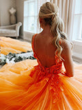 Deep V Neck A-Line Sleeveless Yellow Long Prom Dress with Appliques