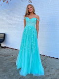 A Line Navy Straps Lace Long Prom Dress