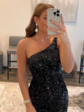 Sequins One-Shoulder Black Beading Homecoming Short Dress