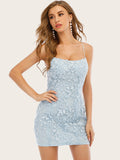 Spaghetti Straps Bodycon Blue Homecoming Short Dress with Appliques