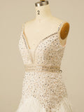 Sequins V-neck White Homecoming Party Short Dress with Tassels