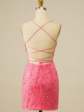 Lace V Neck Spaghetti Straps Pink Homecoming Dress With Applique