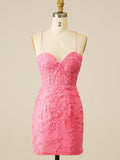 Lace V Neck Spaghetti Straps Pink Homecoming Dress With Applique