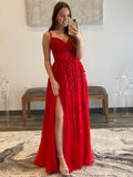 A Line Navy Straps Lace Long Prom Dress