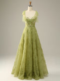 A Line Floral Green Long Prom Dress