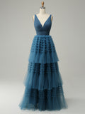Blue A-Line Deep V Neck Tiered Long Prom Dress