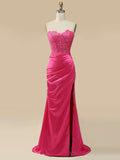 Pink Strapless Sweetheart Neck Long Prom Dress with Slit