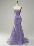Purple Floral Sequins Long Prom Dress