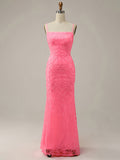 Pink Spaghetti Straps Sequins Mermaid Prom Dress