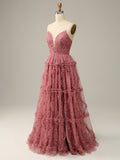 Pink Strapless Sleeveless Tulle Long Prom Dress