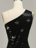 One Shoulder Sparkly Mermaid Black Stars Long Prom Dress with Slit