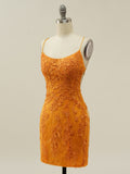 Spaghetti Straps Bodycon Orange Homecoming Short Dress with Appliques
