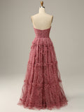 Pink Strapless Sleeveless Tulle Long Prom Dress