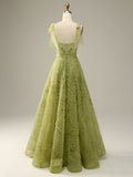 A Line Floral Green Long Prom Dress