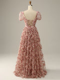 A Line Pink Floral Short Sleeves Tulle Long Prom Dress