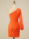 Sequins One-Shoulder Long Sleeve Orange Homecoming Short Dress