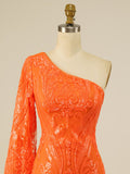 Sequins One-Shoulder Long Sleeve Orange Homecoming Short Dress