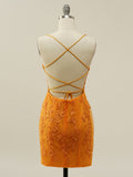 Spaghetti Straps Bodycon Orange Homecoming Short Dress with Appliques