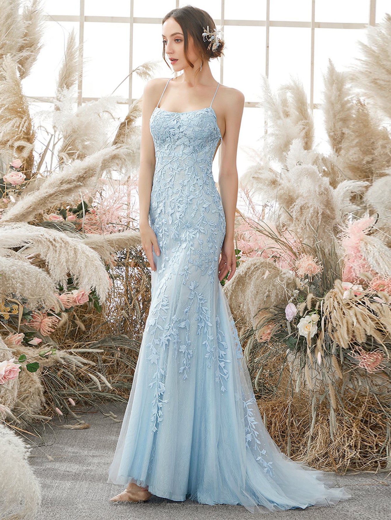 vigocouture Shimmering Light Blue Sequin Mermaid Prom Dress with Spaghetti Strap and Corset Back 22229 Black / US4