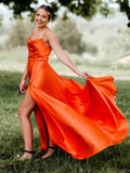 Orange Satin A Line Tight Long Prom Dress With Slit