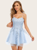 A-Line Blue V Neck Spaghetti Straps Short Party Homecoming Dress With Appliques