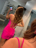 Satin V Neck Spaghetti Straps Blue Short Homecoming Dress