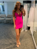 Satin V Neck Spaghetti Straps Blue Short Homecoming Dress