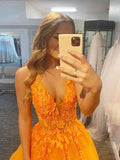 Deep V Neck A-Line Sleeveless Yellow Long Prom Dress with Appliques
