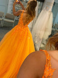 Deep V Neck A-Line Sleeveless Yellow Long Prom Dress with Appliques