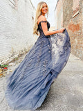 A Line Navy Straps Lace Long Prom Dress