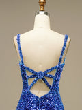 Sequins V Neck Sleeveless Royal Blue Bodycon Beading Homecoming Short Dress
