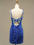 Sequins V Neck Sleeveless Royal Blue Bodycon Beading Homecoming Short Dress