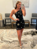 Sequins One Shoulder Black Short Homecoming Dress With Stars