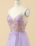 A Line Purple Backless Tulle V Neck Long Prom Dress