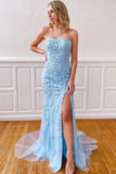 Pink Strapless Floral Long Prom Dress with Split