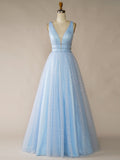 A Line Sky Blue V Neck Backless Tulle Long Prom Dress