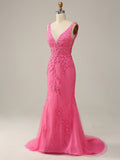 Pink Deep V Neck Floral Mermaid Long Prom Dress with Applique