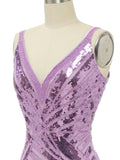 Sleeveless V Neck Stripes Purple Deep Long Prom Dress with Slit