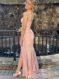 Pink Strapless Floral Long Prom Dress with Split