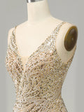 Golden Deep V Neck Stripes Backless Sleeveless Long Prom Dress