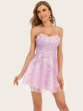 A-Line Blue V Neck Spaghetti Straps Short Party Homecoming Dress With Appliques