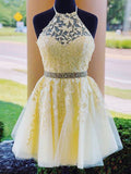 A-Line Yellow Short Party Homecoming Dress With Appliques
