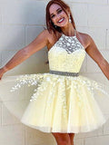 A-Line Yellow Short Party Homecoming Dress With Appliques