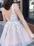 A-Line Pink Backless Short Party Homecoming Dress With Appliques